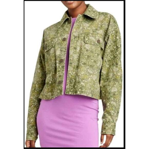 229 Wild Fable Green Floral Cropped Denim Jacket - Picture 4 of 5